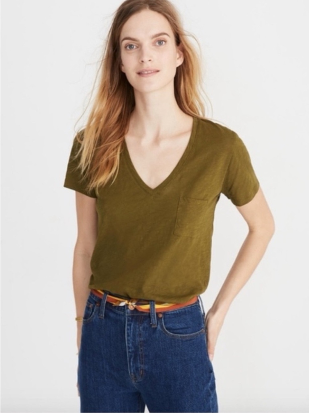 Madewell Olive Whisper Cotton V-Neck Pocket Tee